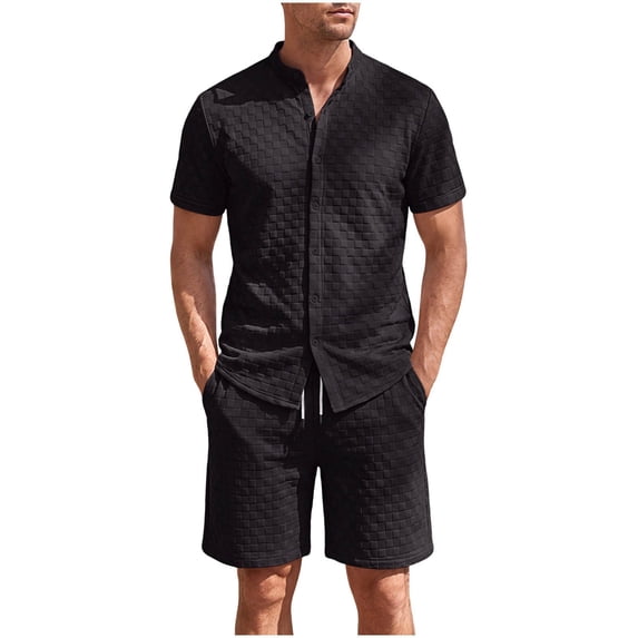 hotojiny Mens Summer Outfits 2 Piece Beach Vacation Set Plaid Short Sleeve Button down Shirts with Elastic Waist Shorts(Black,X-Large)