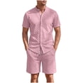 thumbnail image 1 of hotojiny Mens Summer Outfits 2 Piece Beach Vacation Set Plaid Short Sleeve Button down Shirts with Elastic Waist Shorts(Pink,X-Large), 1 of 7