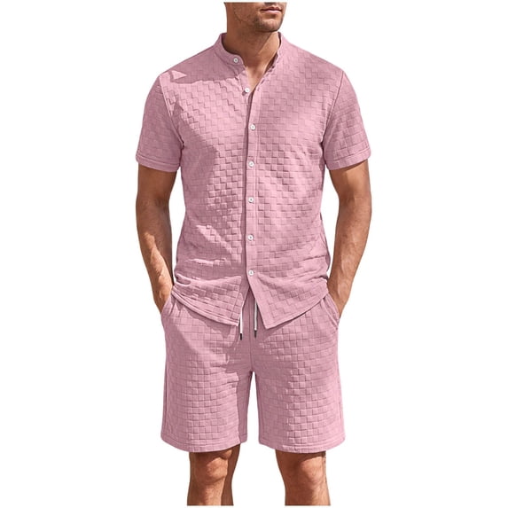 hotojiny Mens Summer Outfits 2 Piece Beach Vacation Set Plaid Short Sleeve Button down Shirts with Elastic Waist Shorts(Pink,X-Large)