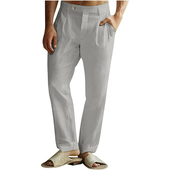 hotojiny Mens Summer Pants Casual Cotton Linen Dress Pants Loose Fit Button Pleated Slacks Beach Outfit with Pockets