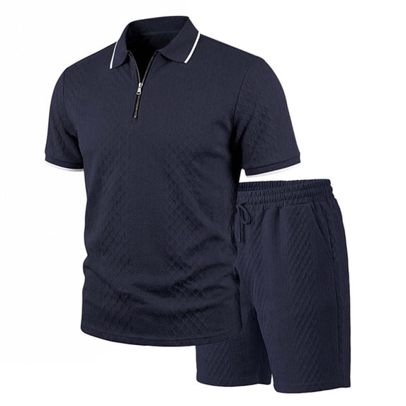 hotojiny Mens Summer Track Suits 2 Piece Shorts Sets Short Sleeve Sweatsuit Outfits Quarter Zip Golf Shirts Loungewear(Navy,Medium)
