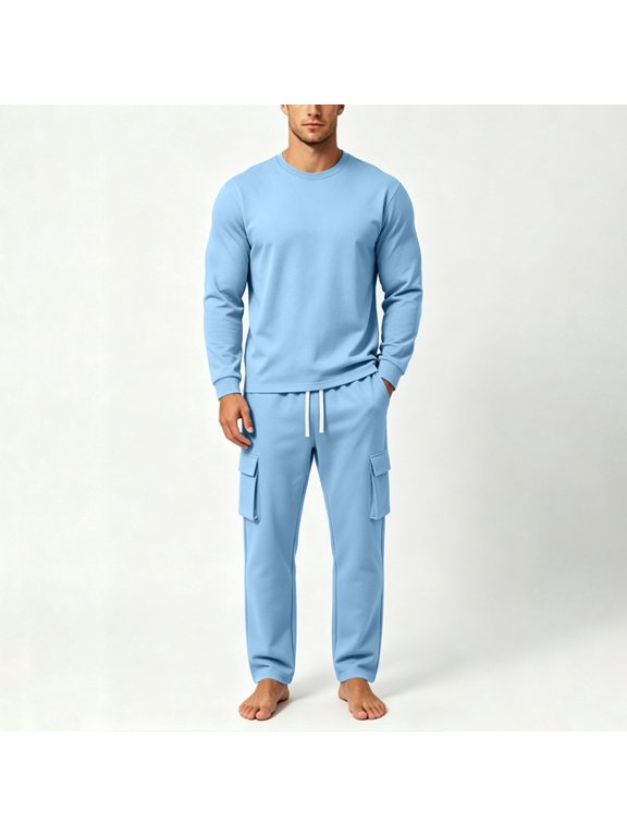 Mens Sweatsuit 2 Piece Lounge Sets Crew Neck and Wide Leg Sweatpants Baggy Waffle Track Suits Athletic Sweat Se(Sky Blue,Small)
