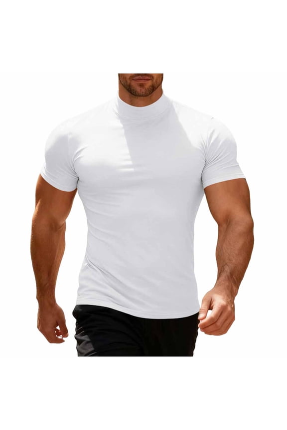 Mens T Shirt Stretchy Short Sleeve Basic Turtleneck Mock Neck Slim Fit Undershirt Pullover Summer Basic Tops for Big and Tall