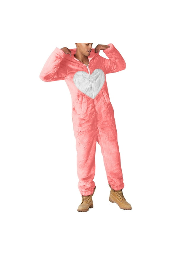 Mens Womens Fuzzy Jumpsuit Winter Fleece Sherpa Pajamas Hoodie Unisex Cute Heart Romper Sleepwear with Pockets