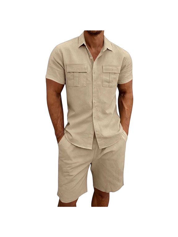 Mens Work Outfits Lightweight Short Sleeve Button down Cargo Shirt and Bermuda Shorts Set 2 PCS Tracksuit(Khaki,Small)