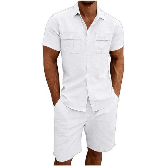 hotojiny Mens Work Outfits Lightweight Short Sleeve Button down Cargo Shirt and Bermuda Shorts Set 2 PCS Tracksuit(White,X-Large)