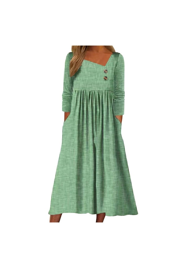 Midi Dresses for Women Long Sleeve Loose Striped Print Long Dress Casual Beach Sundress with Pockets