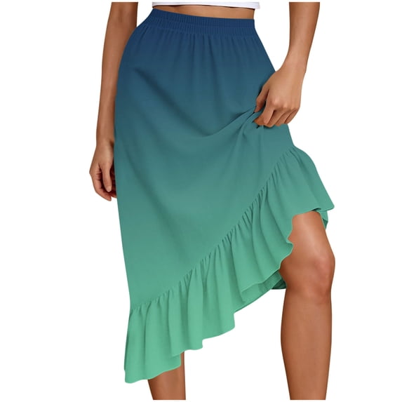 hotojiny Midi Skirts for Women Elastic Waist Ruffle Hem Asymmetrical Boho Skirt Summer Gradation High Low Flowy Skirt