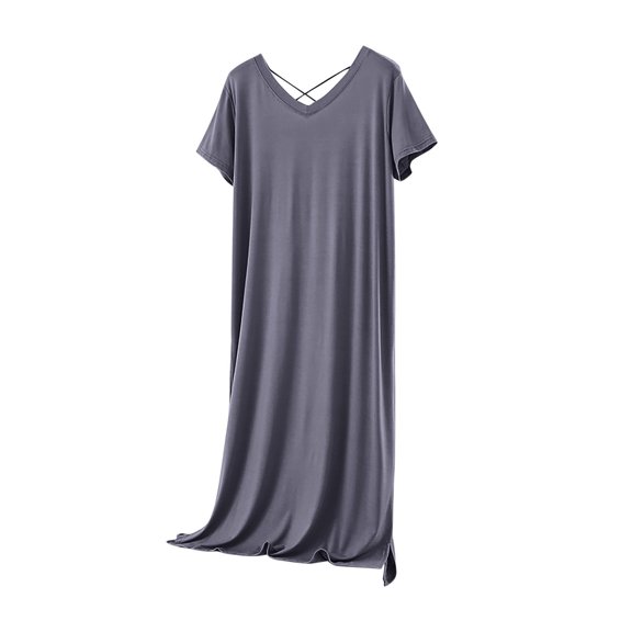 hotojiny Modal Sleep Shirts for Women Loose Comfy Backless Short Sleeve Casual T-Shirt Sleepwear Side Slit V Neck Nightshirts