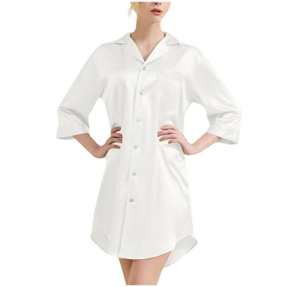 hotojiny Nightgowns for Women 3/4 Sleeve Lapel V Neck Pajama Dress Casual Button Down Nightshirt Loungewear with Pockets