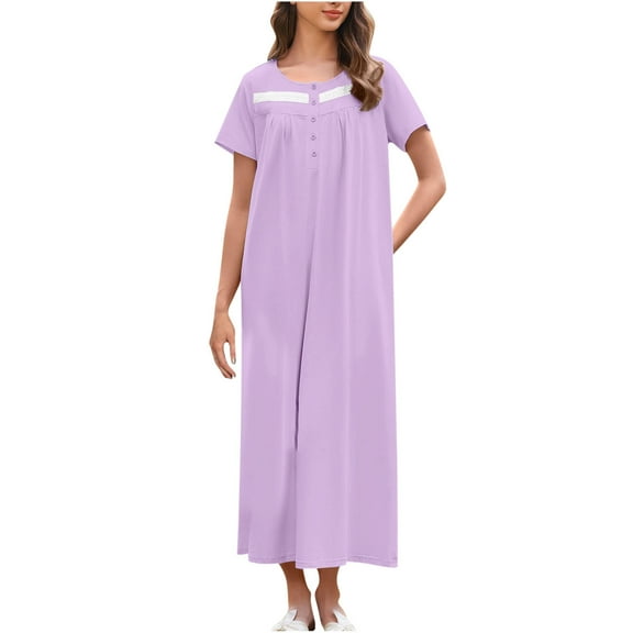 hotojiny Nightgowns for Women Soft Short Sleeve Long Sleepshirt Casual Loose Crew Neck Button House Dress Sleepwear