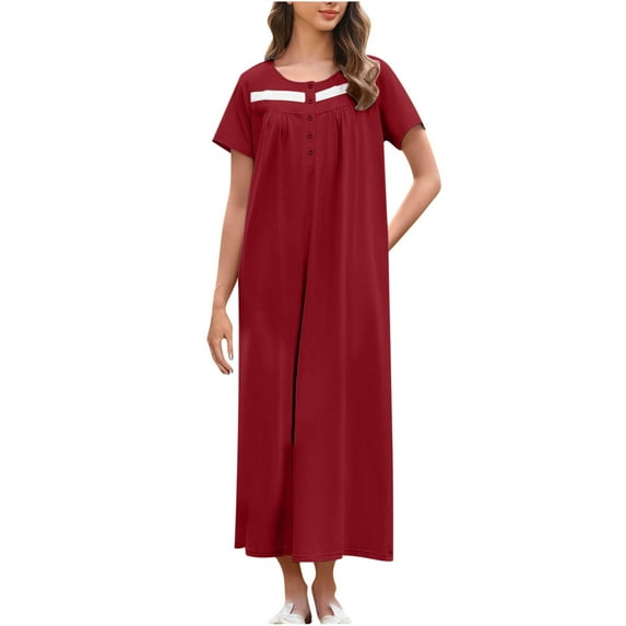 hotojiny Nightgowns for Women Soft Short Sleeve Long Sleepshirt Casual Loose Crew Neck Button House Dress Sleepwear