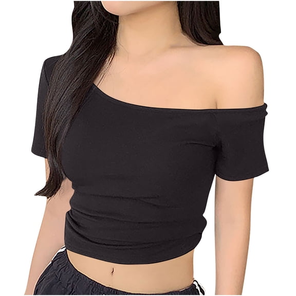 hotojiny Off Shoulder Tops for Women Soft Short Sleeve Cropped T Shirts Slim Summer Trendy Going out Tops
