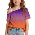 thumbnail image 1 of hotojiny Off the Shoulder Girl's Shirts Short Sleeve Gradient Cute Tops Casual Loose Fit Summer Blouses 5-14 Years, 1 of 7