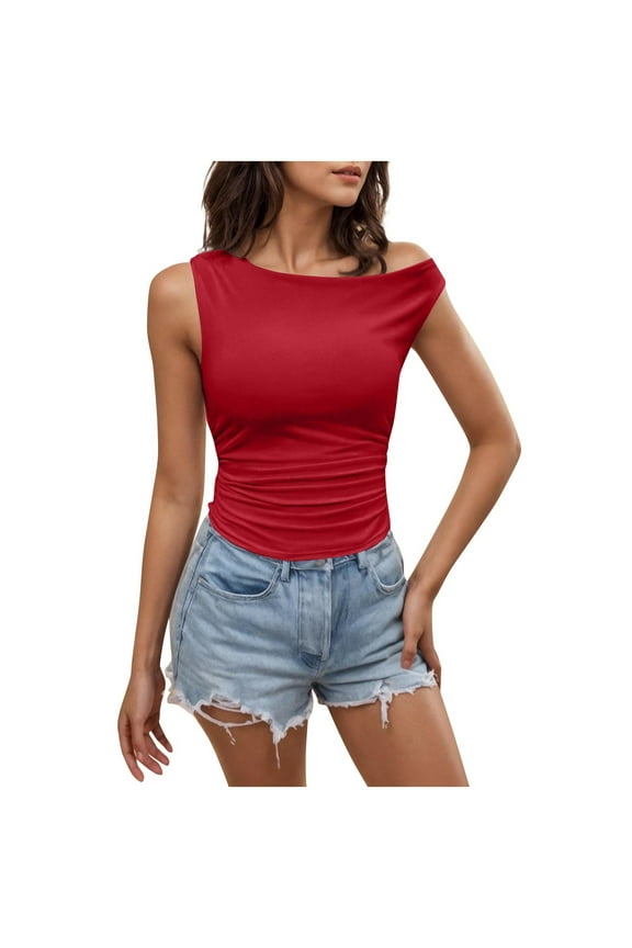 Off the Shoulder Tops for Women Summer Ruched Sleeveless One-Shoulder Shirt Soft Slim Fit Going out Tank Tee