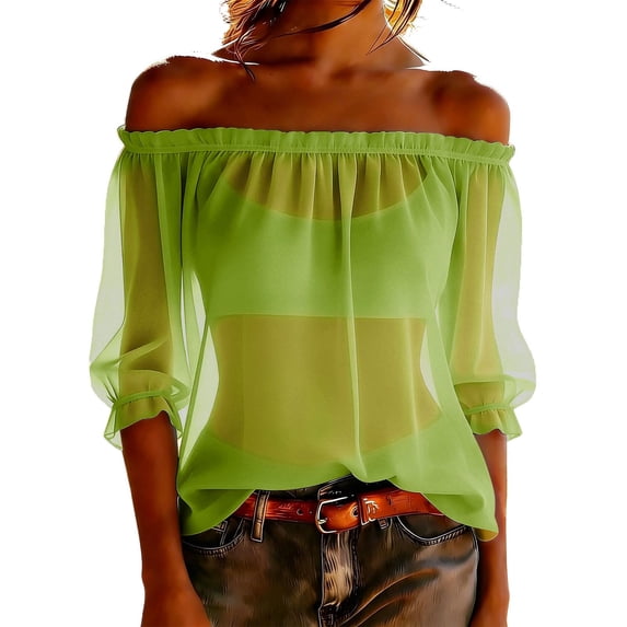 hotojiny Off the Shoulder Tops for Women Breathable Ruffle 3/4 Sleeve Blouses Summer See Trough Chiffon Casual Spring Clothes
