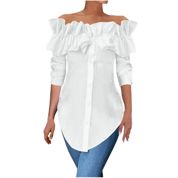 hotojiny Off the Shoulder Tops for Women Casual Long Sleeve Tee Shirts Fall Fashion Loose Button Down Shirts