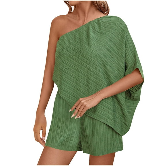 hotojiny One-Shoulder Rompers for Women Summer Fashion Outfit Elegant Loose 3/4 Sleeve Wide Leg Shorts Beach Jumpsuits