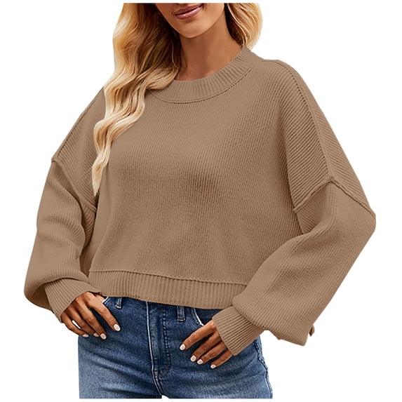 hotojiny Oversized Sweaters for Women Fall Trendy Cropped Knit Pullover Loose Solid Color Soft Warm Long Sleeve Shirt