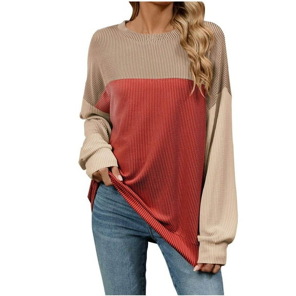 hotojiny Oversized Tops for Womens Long Sleeve Crewneck Ribbed Casual Shirts Color Block Loose Pullover Blouse