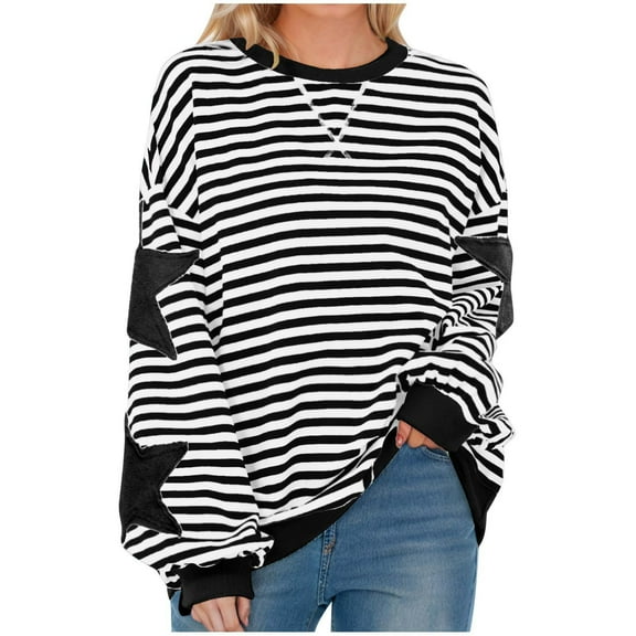 hotojiny Oversized Tshirt for Women Fashion Star Striped Long Sleeve Pullover Tops Casual Loose Workout Sweatshirt Streetwear