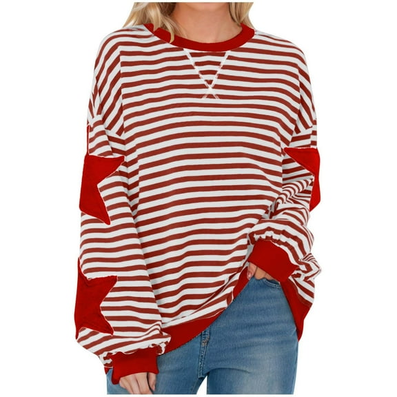 hotojiny Oversized Tshirt for Women Fashion Star Striped Long Sleeve Pullover Tops Casual Loose Workout Sweatshirt Streetwear