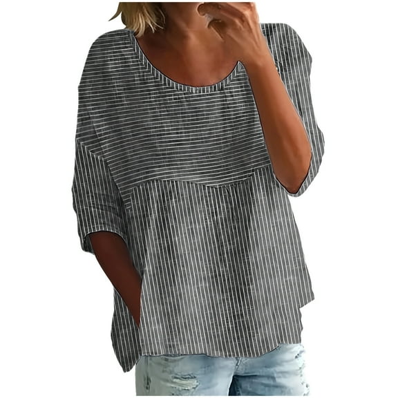hotojiny Oversized Tshirts for Women Fashion Striped Casual Ruffle Hem Patchwork Tops Loose Crew Neck 3/4 Sleeve Blouse