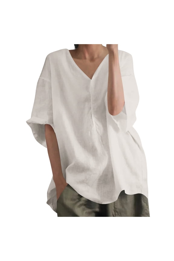 Oversized Tshirts for Women Summer Cotton Linen Loose V Neck Beach Tops Plus Size Rolled 3/4 Sleeve Tee for Vaction