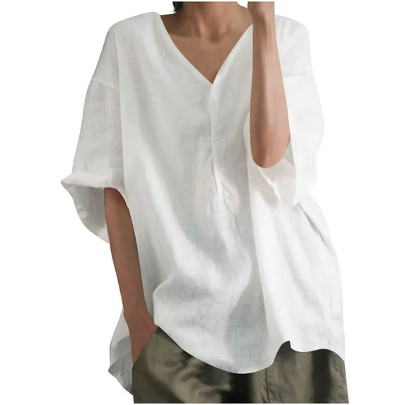 hotojiny Oversized Tshirts for Women Summer Cotton Linen Loose V Neck Beach Tops Plus Size Rolled 3/4 Sleeve Tee for Vaction
