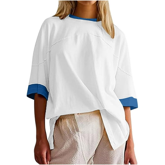 hotojiny Oversized Tshirts for Women Summer Fashion Color Block Crew Neck Tops Loose Split 3/4 Sleeve Casual Tee