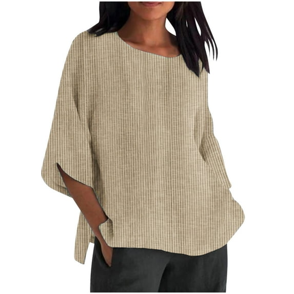 hotojiny Oversized Tshirts for Women Cotton Linen Plus Size Scoop Neck Top Casual 3/4 Sleeve Striped Breathable Tee Lightweight Side Slit Clothes