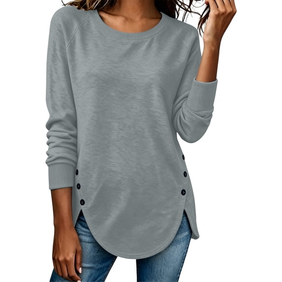 hotojiny Oversized Tshirts for Women Crewneck Curved Hem Tunic Tees Long Sleeve Loose Basic Tops Fall Pullover(Gray,Large)