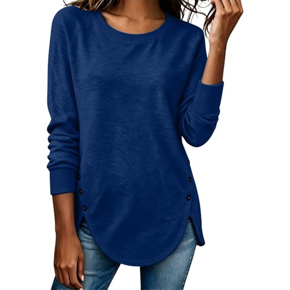 hotojiny Oversized Tshirts for Women Crewneck Curved Hem Tunic Tees Long Sleeve Loose Basic Tops Fall Pullover(Navy,X-Large)