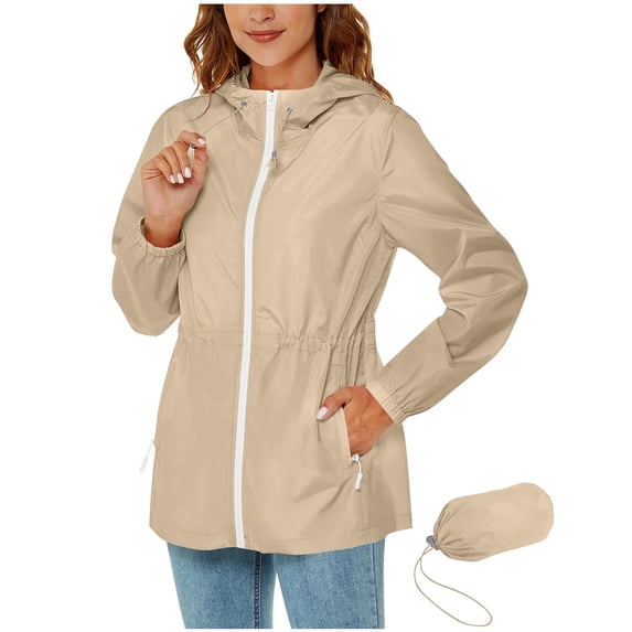 hotojiny Packable Rain Jacket Women Lightweight Drawstring Hooded Raincoat Waterproof Windbreaker Jackets for Outdoor Hiking Fishing