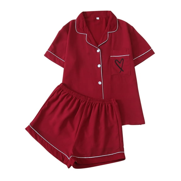 hotojiny Pajama Sets for Women 2 Piece Cute Heart Print Valentine Sleepwear Button down Short Sleeve Shirt with Shorts Loungewear
