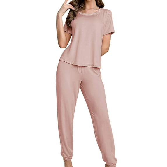 hotojiny Pajama Sets for Women 2 Piece Outfit Solid Color Short Sleeve Top with Cinch Bottom Pj Pants Lounge Sleepwear Sets