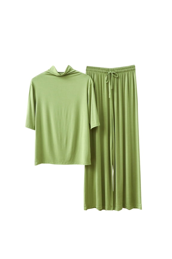 Pajama Sets for Women 2 Piece Short Sleeve Mock Neck Top Wide Leg Pants Casual Sets Soft Comfy Loungewear