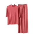 thumbnail image 1 of hotojiny Pajama Sets for Women 2 Piece Short Sleeve Mock Neck Top Wide Leg Pants Casual Sets Soft Comfy Loungewear, 1 of 2