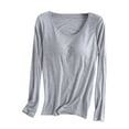 thumbnail image 1 of hotojiny Pajama Shirts for Women Soft Comfy Crew Neck Long Sleeve Tops Sleepwear Solid Color Loungewear Built-In Bra, 1 of 6