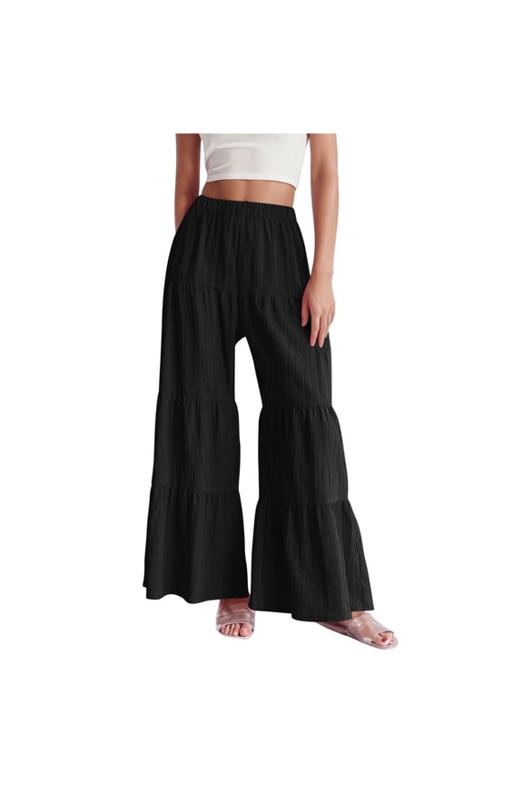 Palazzo Pants for Women Flowy Tiered Wide Leg Pants High Waisted Trendy Casual Bell Bottom Boho Beach Trousers