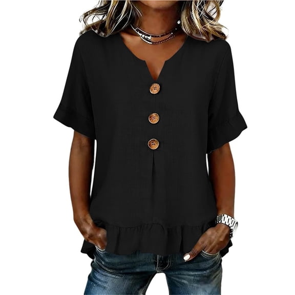 hotojiny Peplum Tops for Women Loose Fit V Neck Ruffle Hem Beach Blouse Lightweight Travel Half Sleeve Cotton Linen T-Shirt