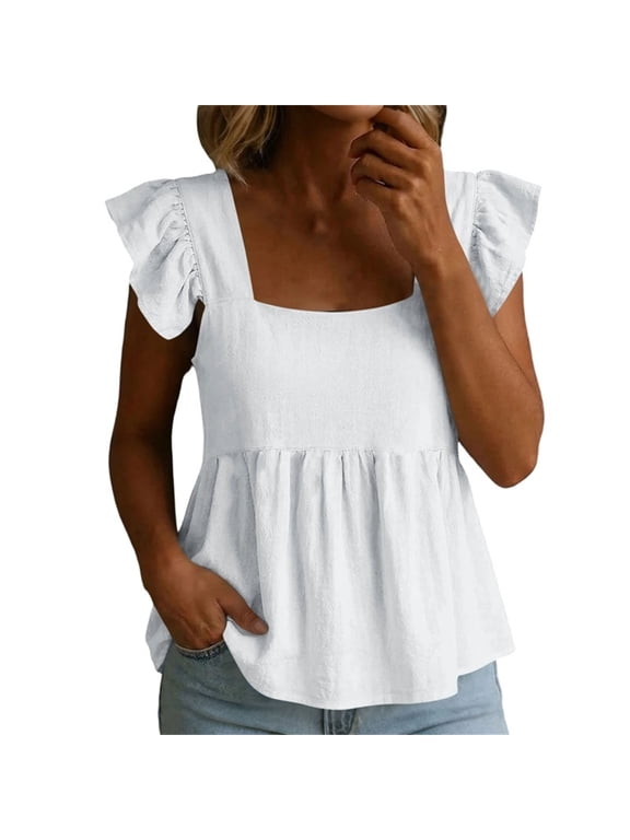 Peplum Tops for Women Ruffle Sleeve Summer Flowy Blouse Square Neck Loose Fit T-Shirts for Beach Travel