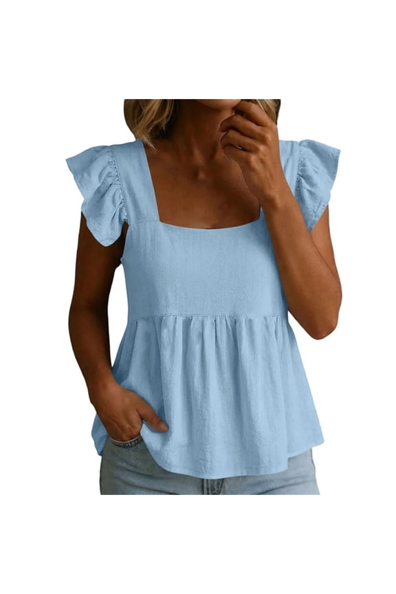 Peplum Tops for Women Ruffle Sleeve Summer Flowy Blouse Square Neck Loose Fit T-Shirts for Beach Travel