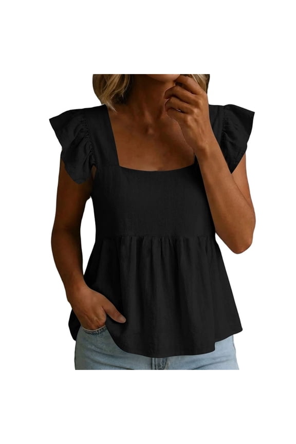 Peplum Tops for Women Ruffle Sleeve Summer Flowy Blouse Square Neck Loose Fit T-Shirts for Beach Travel