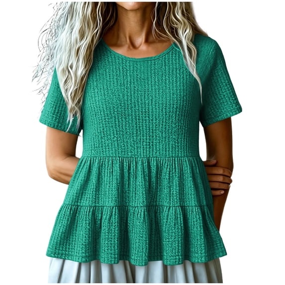 hotojiny Peplum Tops for Women Textured Crew Neck Flowy Clothes Short Sleeve Solid Color Loose Fit Shirt Dressy Casual Blouse