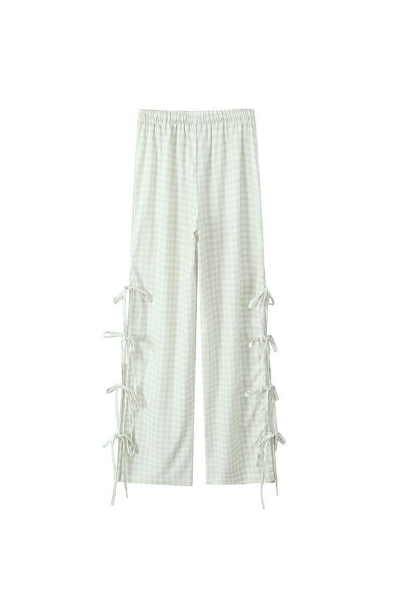 Plaid Pants for Women Fall Elastic Waisted Wide Leg Loungewear Bow Tie Side Slit Loose Trousers