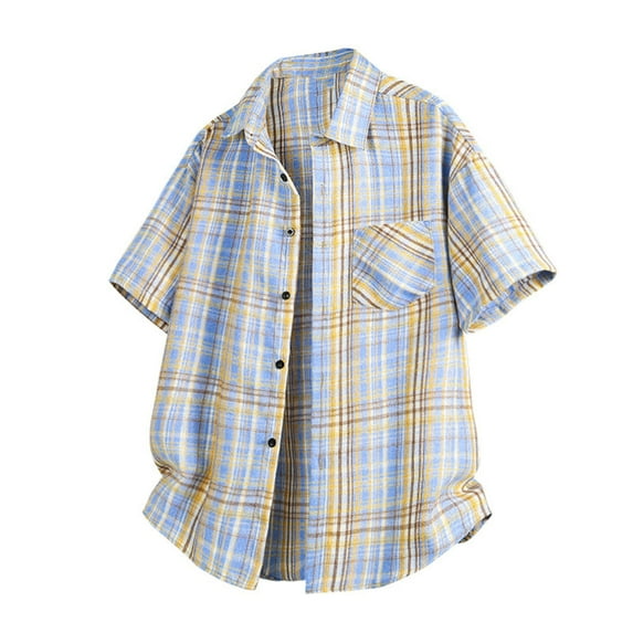 hotojiny Plaid Shirt for Men Big and Tall Button down Short Sleeve Top Streetwear Summer Vacation Casual Shirts with Pocket