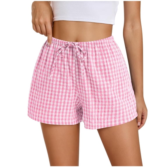 hotojiny Plaid Shorts for Women Summer Beach Casual Shorts Comfy Lightweight Vacation Outfits Hot Pants with Drawstring