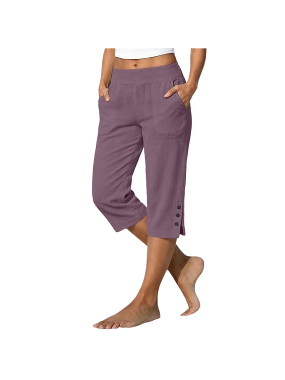 Plus Size Capris Pants for Women Summer Straight Leg Cropped Pants Elastic Waist Casual Lightweight Trousers with Button