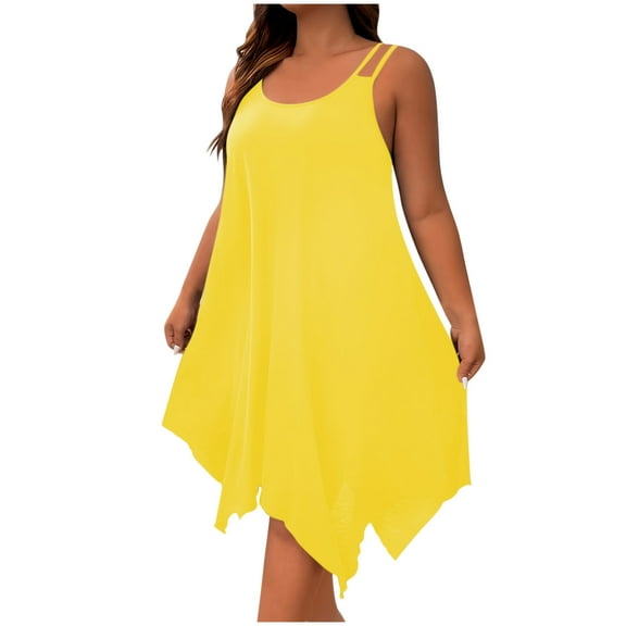 hotojiny Plus Size Dresses for Curvy Women Casual Handkerchief Hem Sleeveless Flowy Tunic Tops Summer Crew Neck Beach Tank Tops
